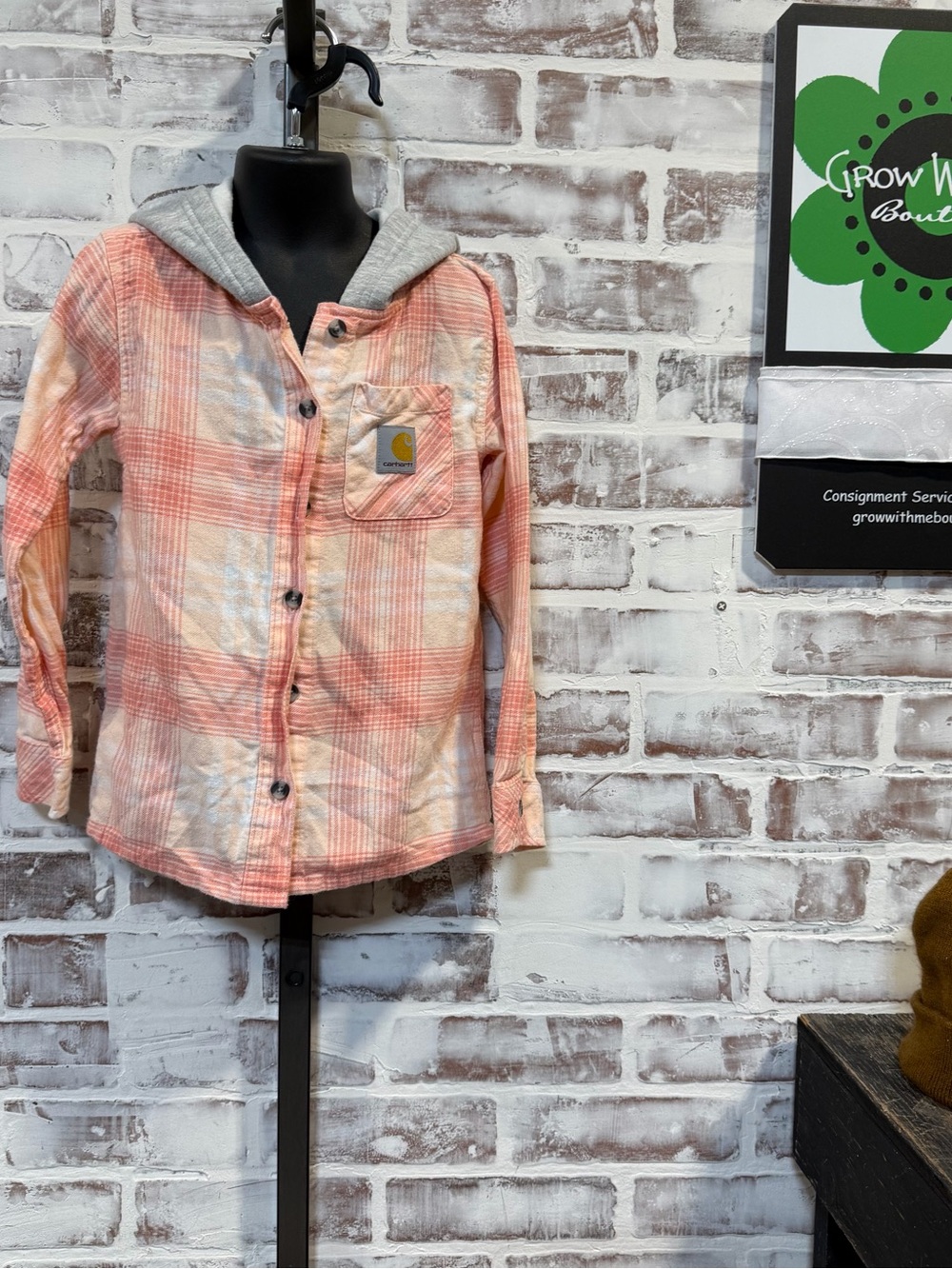 Carhartt Kids Peach and Cream Plaid Button-Down Hoodie Shirt youth 6